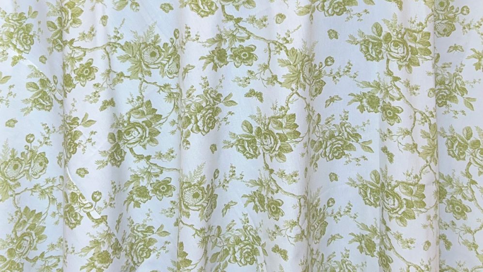 Avocado Toile Table Linens,, runners and napkins for rental.